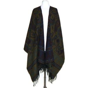 Paisley Swirl Southwest Dramatic Reversibe Poncho Wrap Hooded Fringe Trim Sz OS